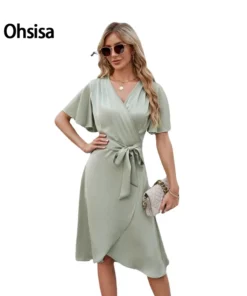 Ohsisa 2025 Summer for Woman Dress Satin V Neck Waist Bell Sleeves Plaid Dress European American Casual Style New Woman Dress