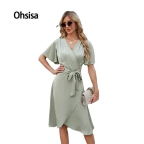 Ohsisa 2025 Summer for Woman Dress Satin V Neck Waist Bell Sleeves Plaid Dress European American Casual Style New Woman Dress