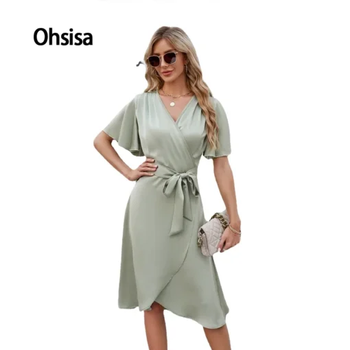 Ohsisa 2025 Summer for Woman Dress Satin V Neck Waist Bell Sleeves Plaid Dress European American Casual Style New Woman Dress
