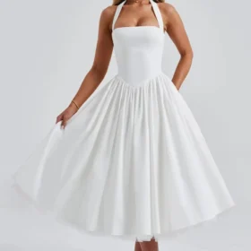 2025 European and American New Evening Dress Puff Skirt Solid Color Lace up Women's Dress