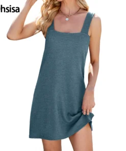 Ohsisa 2025 Summer Casual Loose Dress European American New Pure Color V Neck Square Neck Woman Dress