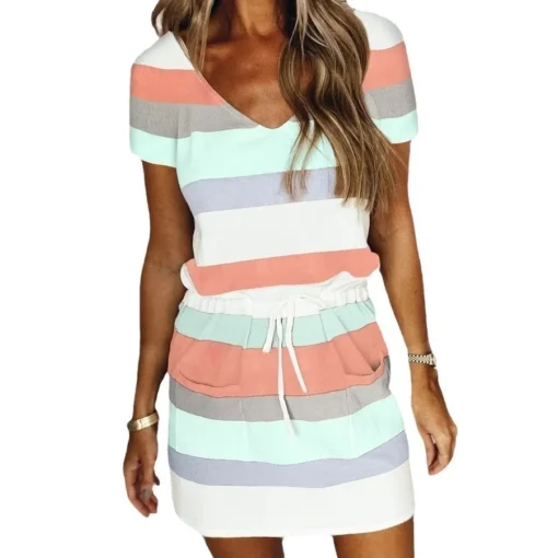 Striped Dress 2025 New Summer Loose Breathable Women's V-neck Drawstring Short Sleeve Dress - 图片 5