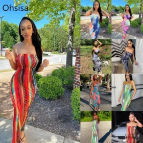 Ohsisa Strapless Bodycon Dress New Arrival Eco-Friendly and Washable Contrast Color Wrap Dresses Sexy Fashion
