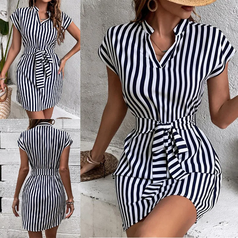 Ohsisa 2025 Summer Fashion Women Dresses Printed Stand Collar V-neck Sleeveless Striped Waist Lace up Belt Casual Dress - 图片 4