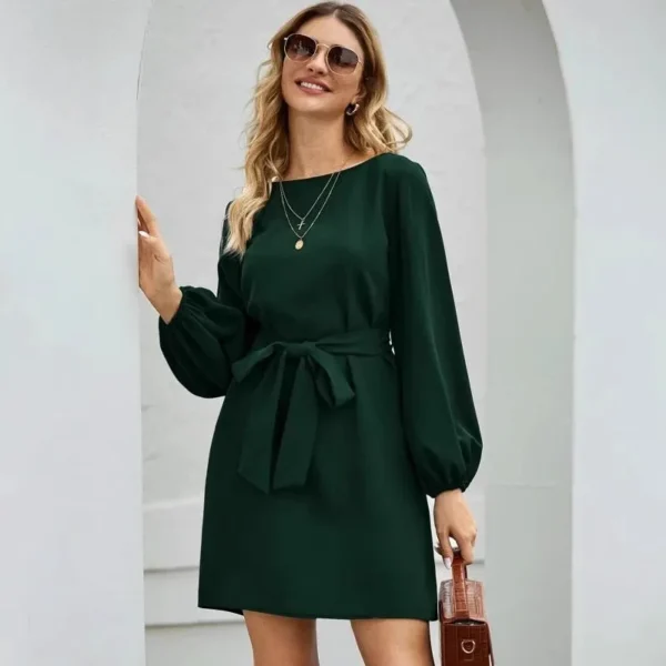 Women's Dresses 2025 Spring Summer New Lady Elegant Long Sleeve O-neck Slimming Waist Belt Fashion Solid Color Casual Dress - 图片 4