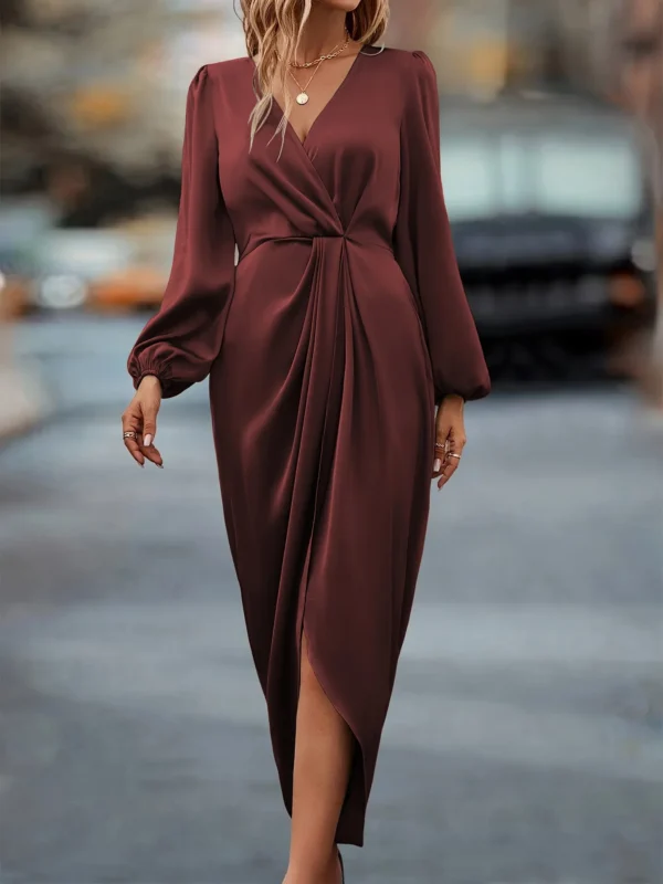 Ohsisa 2025 Women's Summer New Elegant Satin Cross V-Neck Split Long Bubble Sleeve Loose Casual Dress - 图片 3