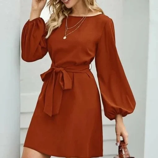 Women's Dresses 2025 Spring Summer New Lady Elegant Long Sleeve O-neck Slimming Waist Belt Fashion Solid Color Casual Dress - 图片 5