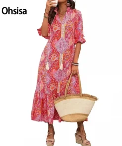 2025 Women Casual Half Sleeve Ruffle Dress Lace-Up Front Floral Printed Summer Spring Fashion Loose Woman Casual Long Dress
