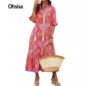 2025 Women Casual Half Sleeve Ruffle Dress Lace-Up Front Floral Printed Summer Spring Fashion Loose Woman Casual Long Dress