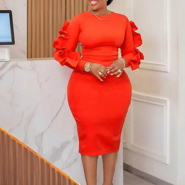 Ohsisa 2025 Women's Clothing Ladies O-neck Elegant Solid Ruffle Hip Wrapping Professional OL Office Commuter African Women Dress - 图片 5