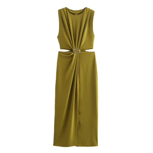 Ohsisa 2025 Spring/Summer Women's Dress New Fashionable Elegant Round Neck Sleeveless Soild Casual Dress - 图片 2