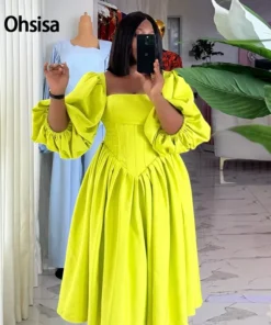 Ohsisa 2025 Spring New Women's Fashion Casual Day Solid Fresh Square Neck Lantern Sleeve A-Line Dress High Waist