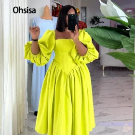 Ohsisa 2025 Spring New Women's Fashion Casual Day Solid Fresh Square Neck Lantern Sleeve A-Line Dress High Waist