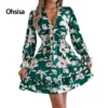 Ohsisa Summer Women's Casual Dresses European American Floral Lace Long-Sleeved A-Line Skirt for Woman Dress