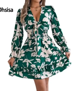 Ohsisa Summer Women's Casual Dresses European American Floral Lace Long-Sleeved A-Line Skirt for Woman Dress