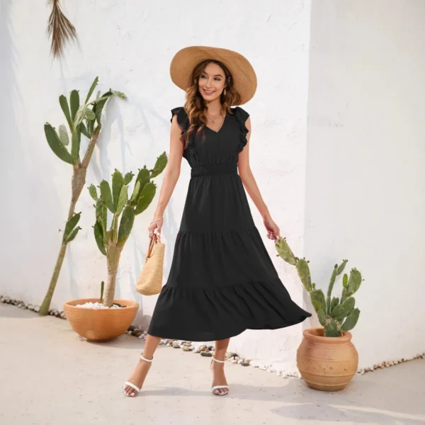 2025 Women Long Dress V-Neck Sleeveless High-Waisted Solid Color Cake Dress Casual Vacation Travel Summer Casual Dress - 图片 3