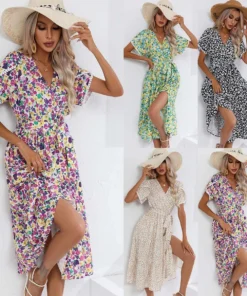 European American Women's Casual Dress 2023 Summer Popular Small Floral Slit V Neck Floral Dress Slit V-Neck