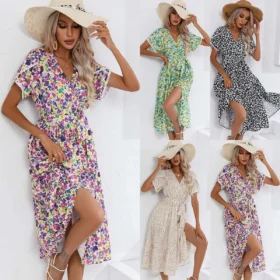 European American Women's Casual Dress 2023 Summer Popular Small Floral Slit V Neck Floral Dress Slit V-Neck
