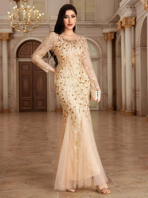 Ohsisa 2025 Summer New Evening Dress Long Sleeve Round Neck Zipper Back Fish Tail Women's Dress - 图片 2