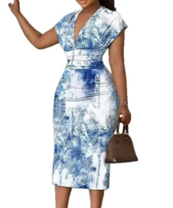 Ohsisa 2025 Summer Printed V-Neck Bodycon Dress for Women High Waist Slim Floral Casual Washable Vintage Sexy Woman Dress