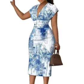Ohsisa 2025 Summer Printed V-Neck Bodycon Dress for Women High Waist Slim Floral Casual Washable Vintage Sexy Woman Dress