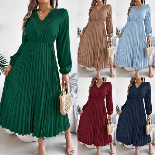 2025 Spring Summer Collection Elegant European American V-Neck Lace Waist Dress Women's Casual Chiffon Woman Dress - 图片 6