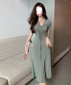 Casual Dress Summer Over-the-Knee Long Dress with Elastic Waist Slimming Split Elegant V-neck Women's Dress