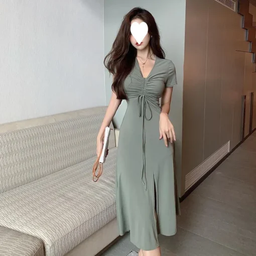 Casual Dress Summer Over-the-Knee Long Dress with Elastic Waist Slimming Split Elegant V-neck Women's Dress